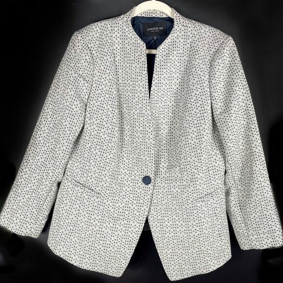 Lafayette 148 Collareless Blazer Ivory Navy Speckled Tweed Jacket Sz 16 - Picture 1 of 8